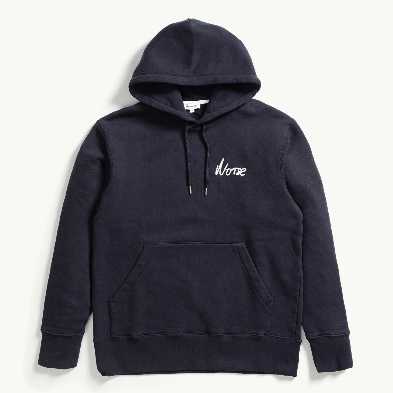 ARNE RELAXED ORGANIC CHAIN STITCH LOGO HOODIE DARK NAVY