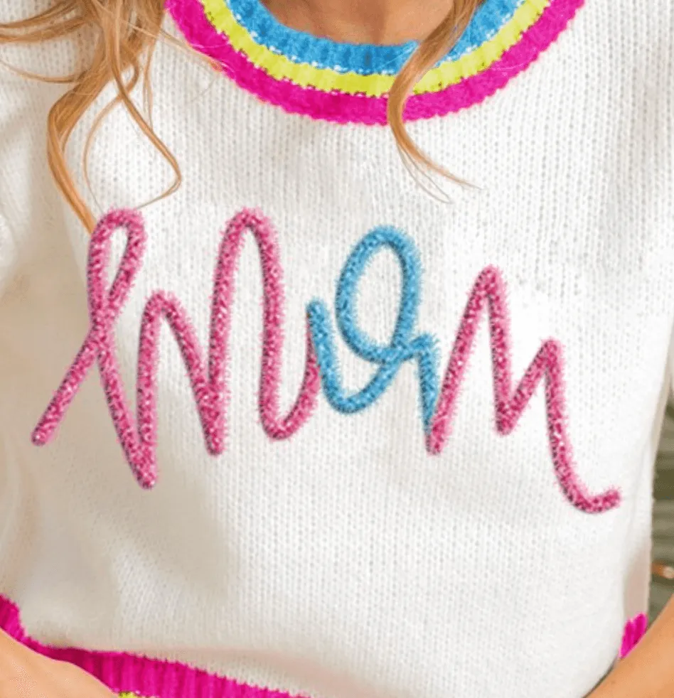 BiBi "MoM" Metallic Letter Short Sleeve Sweater Top IP6625-36