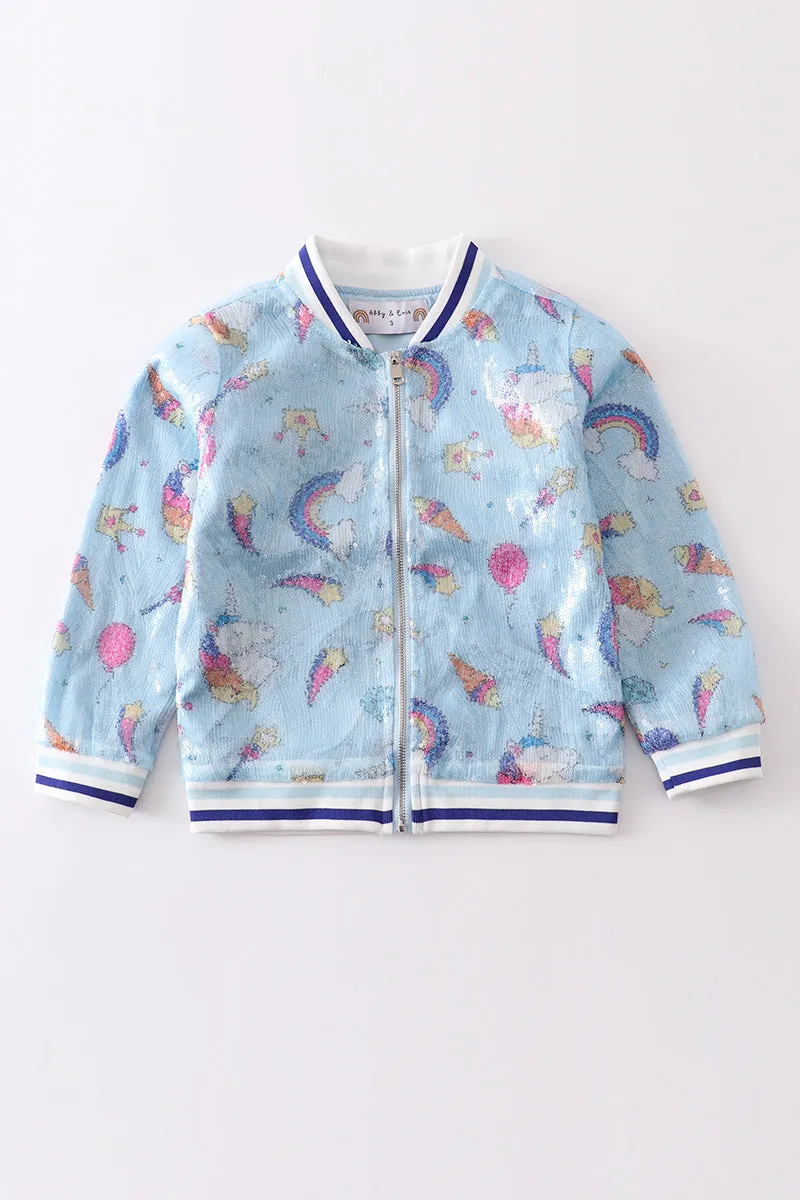 Blue unicorn sequin bomber jacket