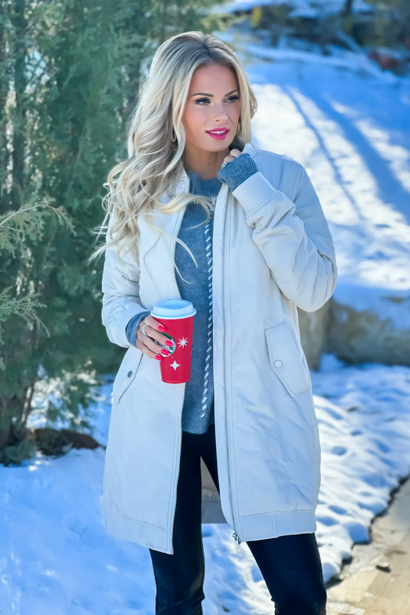 Breezy Days Quilted Long Bomber Jacket : Ivory