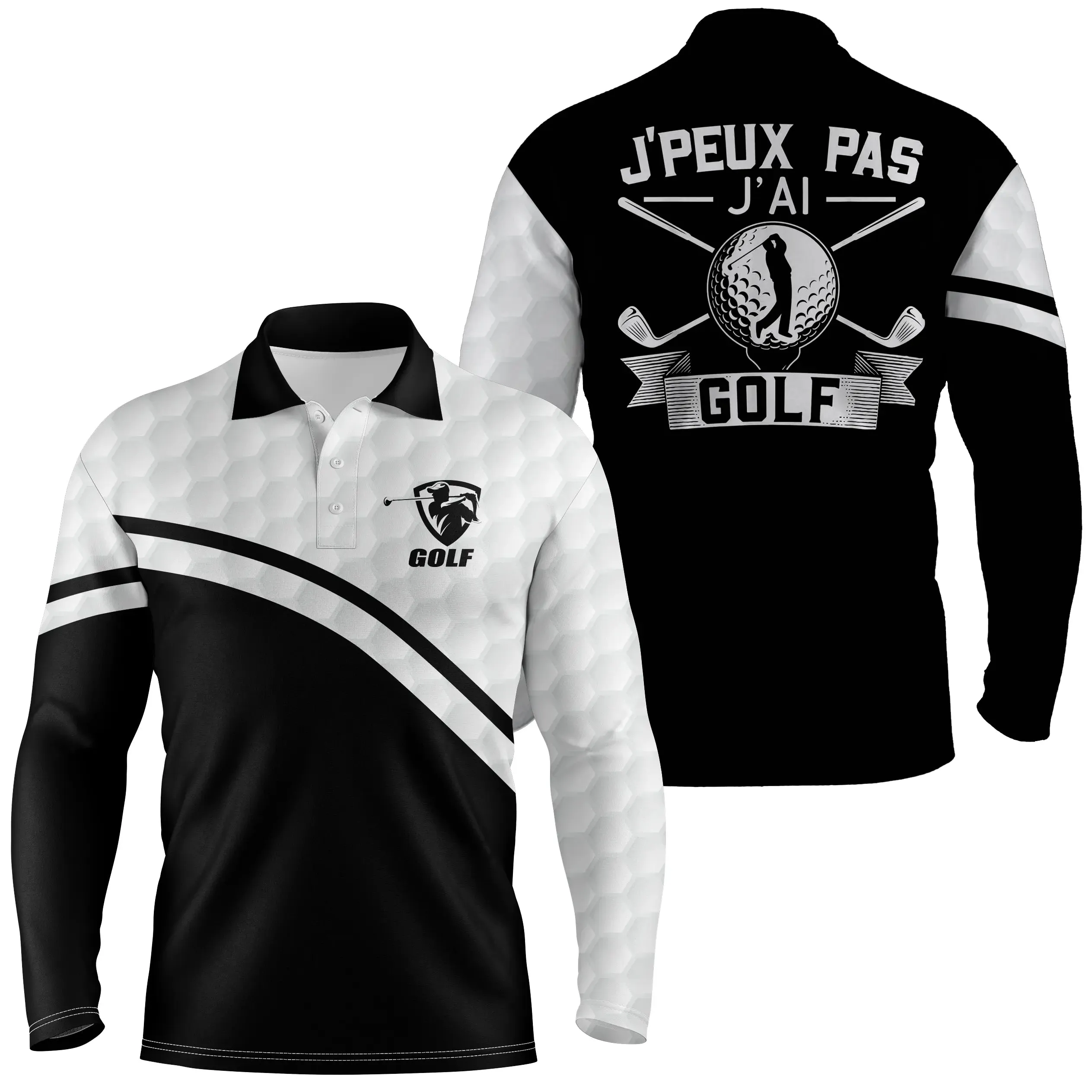 Chiptshirts Polo de Golf, Polo de Sport Manches Longues Homme Femme, Noir et Blanc, Motif Balle de Golf, Golfeur, Golfeuse, J'peux Pas, J'ai Golf - CT03062230