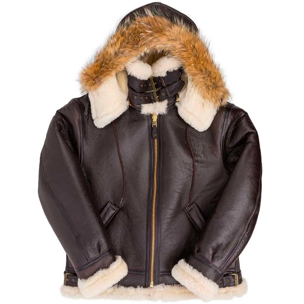 Cockpit USA Mens Hooded B-3 Sheepskin Bomber Jacket