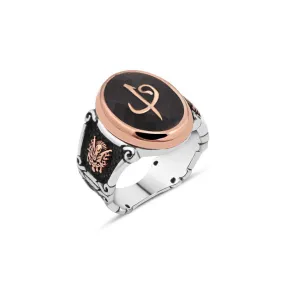 Enameled Alif and Vav Letters on Black Ellipse Silver Men’s Ring Siding Ottoman Coat of Arms