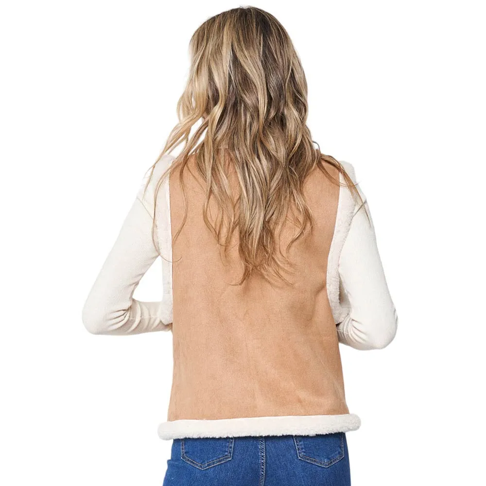 Faux Suede Sherpa Vest with Front Pockets