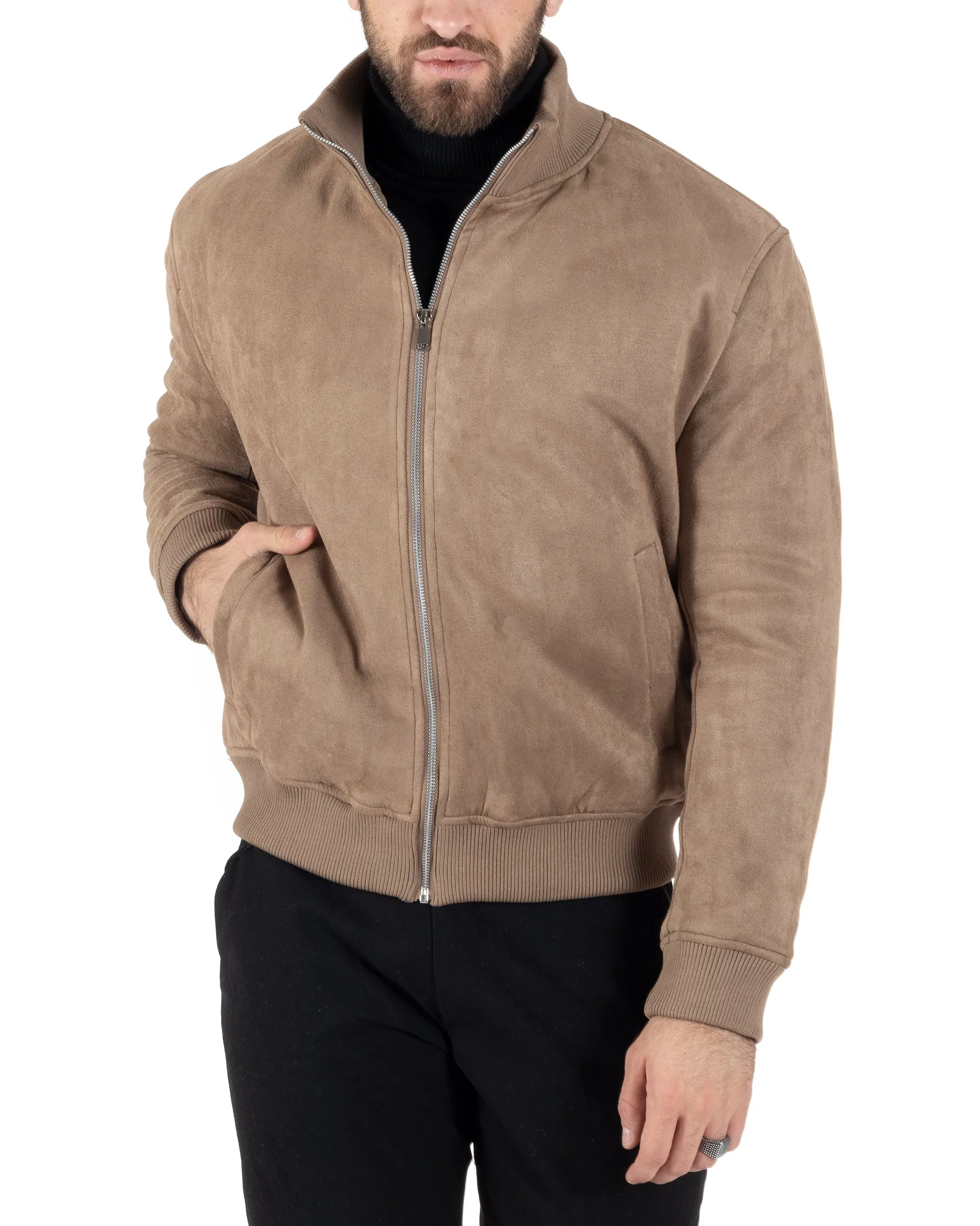 Giubbotto Uomo College Con Colletto Camoscio Tinta Unita Beige Casual GIOSAL-G3146A