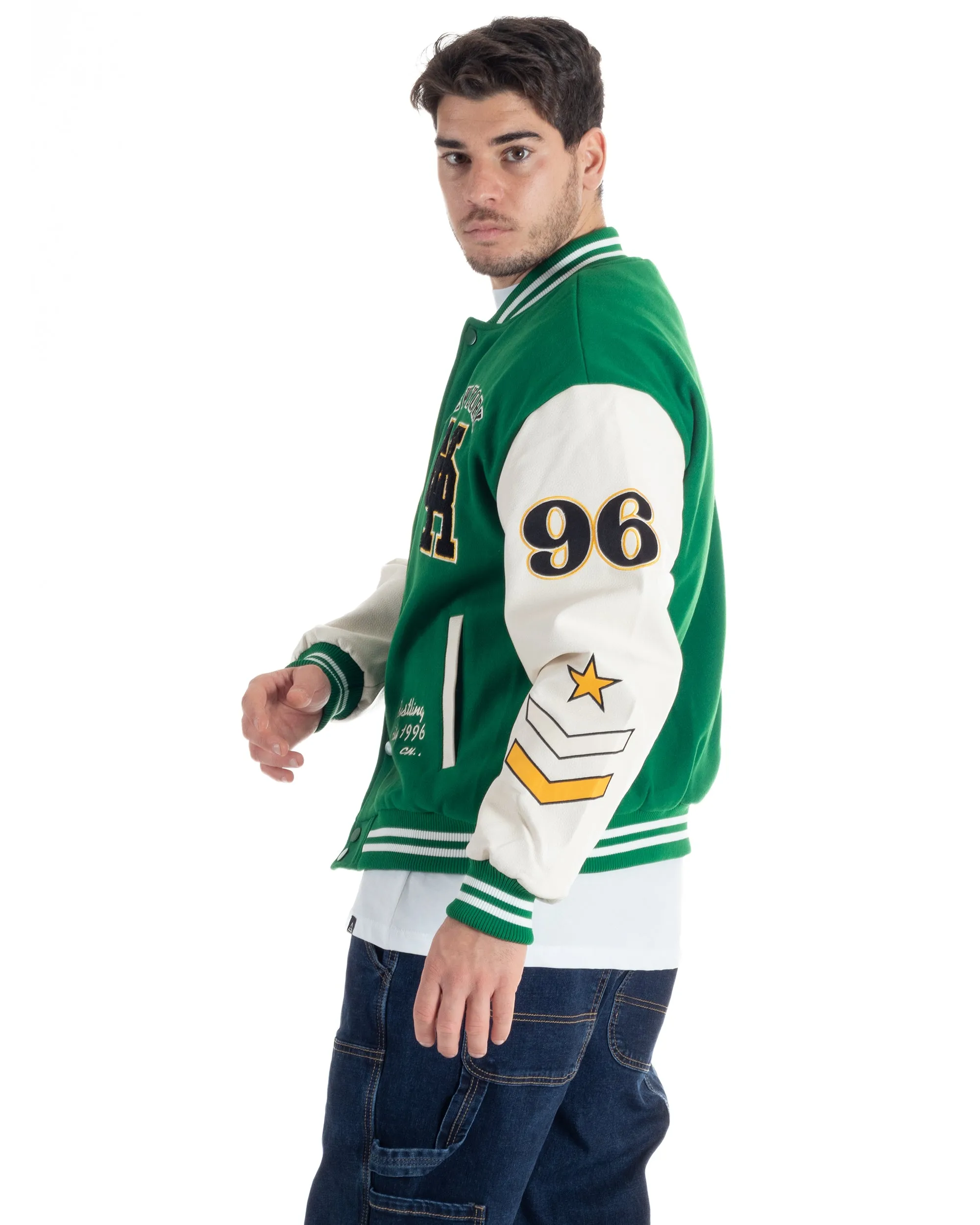 Giubbotto Uomo In Tessuto Panno College Varsity Con Patch Maniche Ecopelle Verde Bianco GIOSAL-G3136A