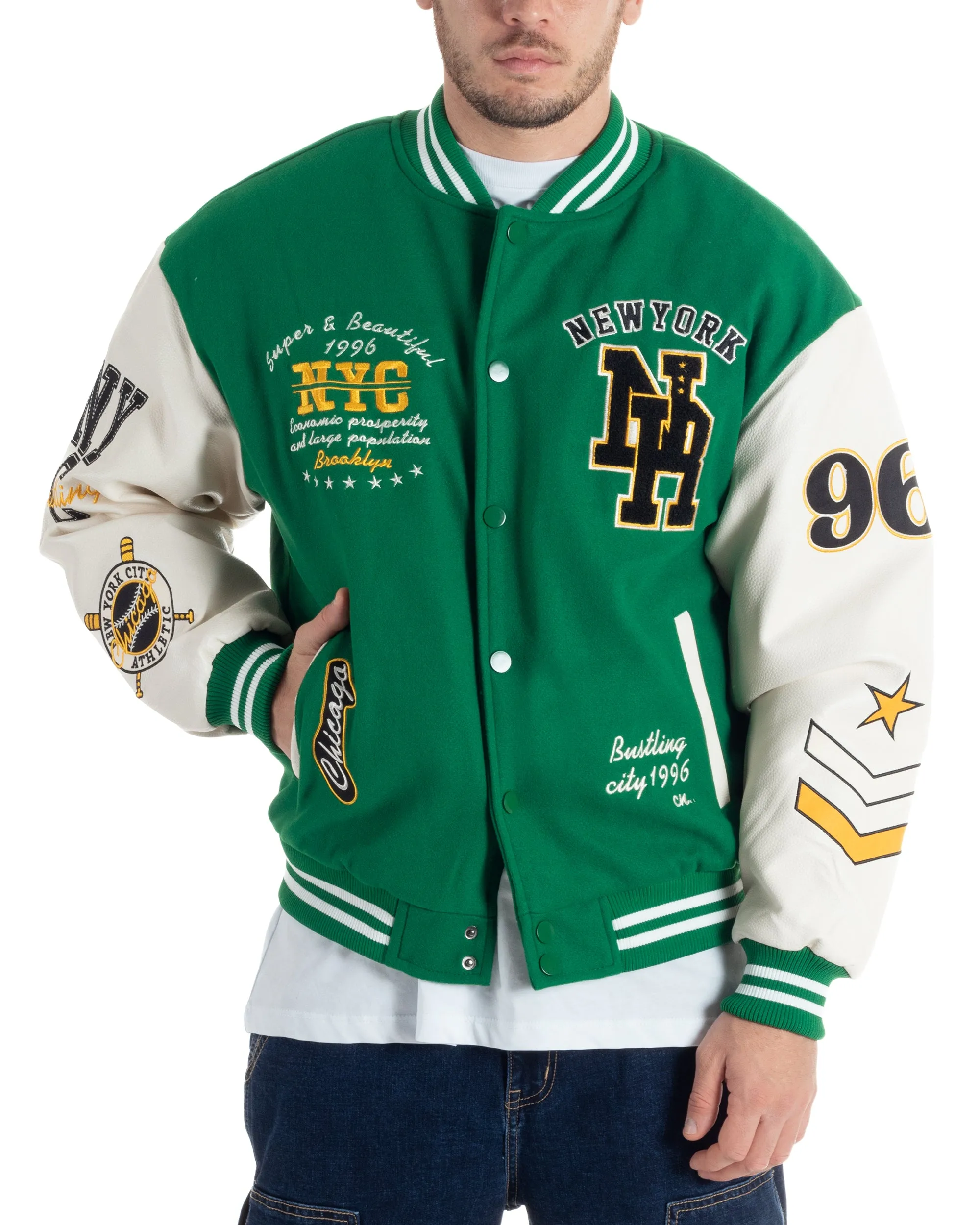 Giubbotto Uomo In Tessuto Panno College Varsity Con Patch Maniche Ecopelle Verde Bianco GIOSAL-G3136A