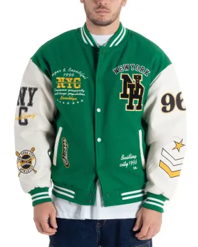 Giubbotto Uomo In Tessuto Panno College Varsity Con Patch Maniche Ecopelle Verde Bianco GIOSAL-G3136A