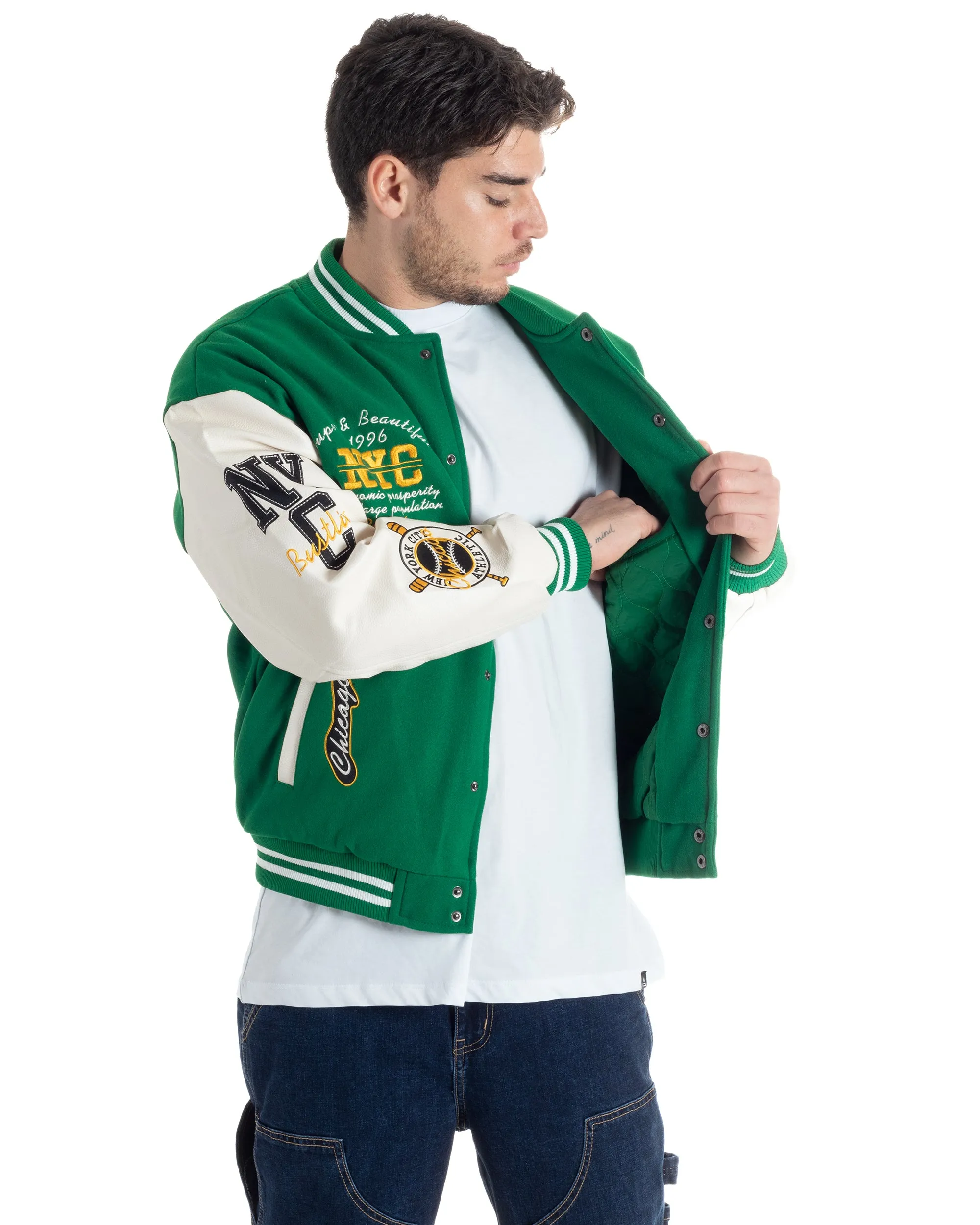 Giubbotto Uomo In Tessuto Panno College Varsity Con Patch Maniche Ecopelle Verde Bianco GIOSAL-G3136A