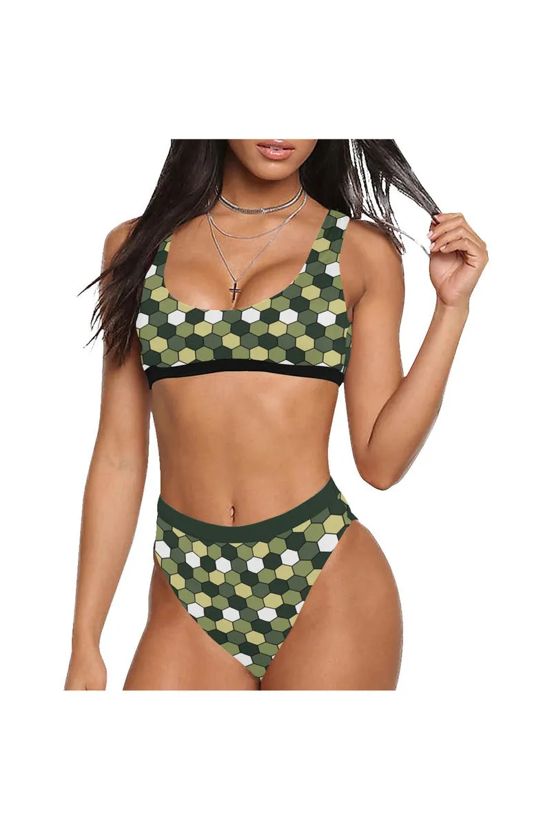 Honeycomb Camouflage Sport Top & High-Waist Bikini Swimsuit