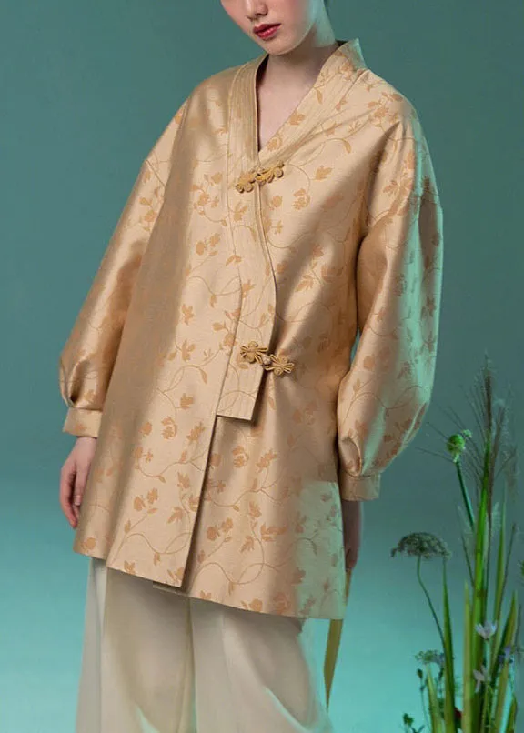 Jacquard Yellow V Neck Chinese Button Silk Coat Long Sleeve QA1079