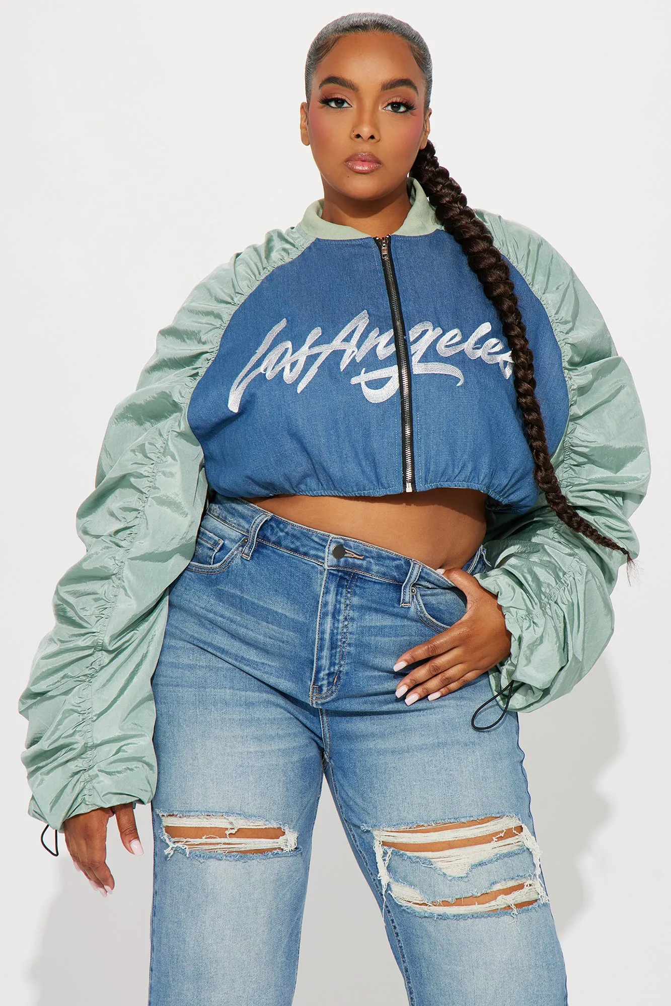 Dreamy Blue Combo Cropped Bomber Jacket - LA Inspired