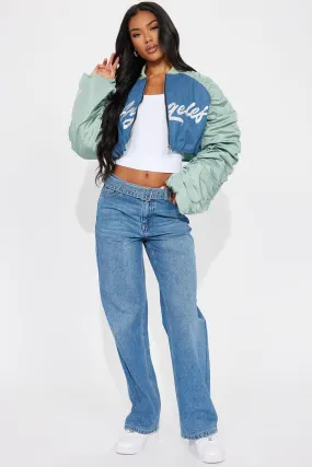 Dreamy Blue Combo Cropped Bomber Jacket - LA Inspired