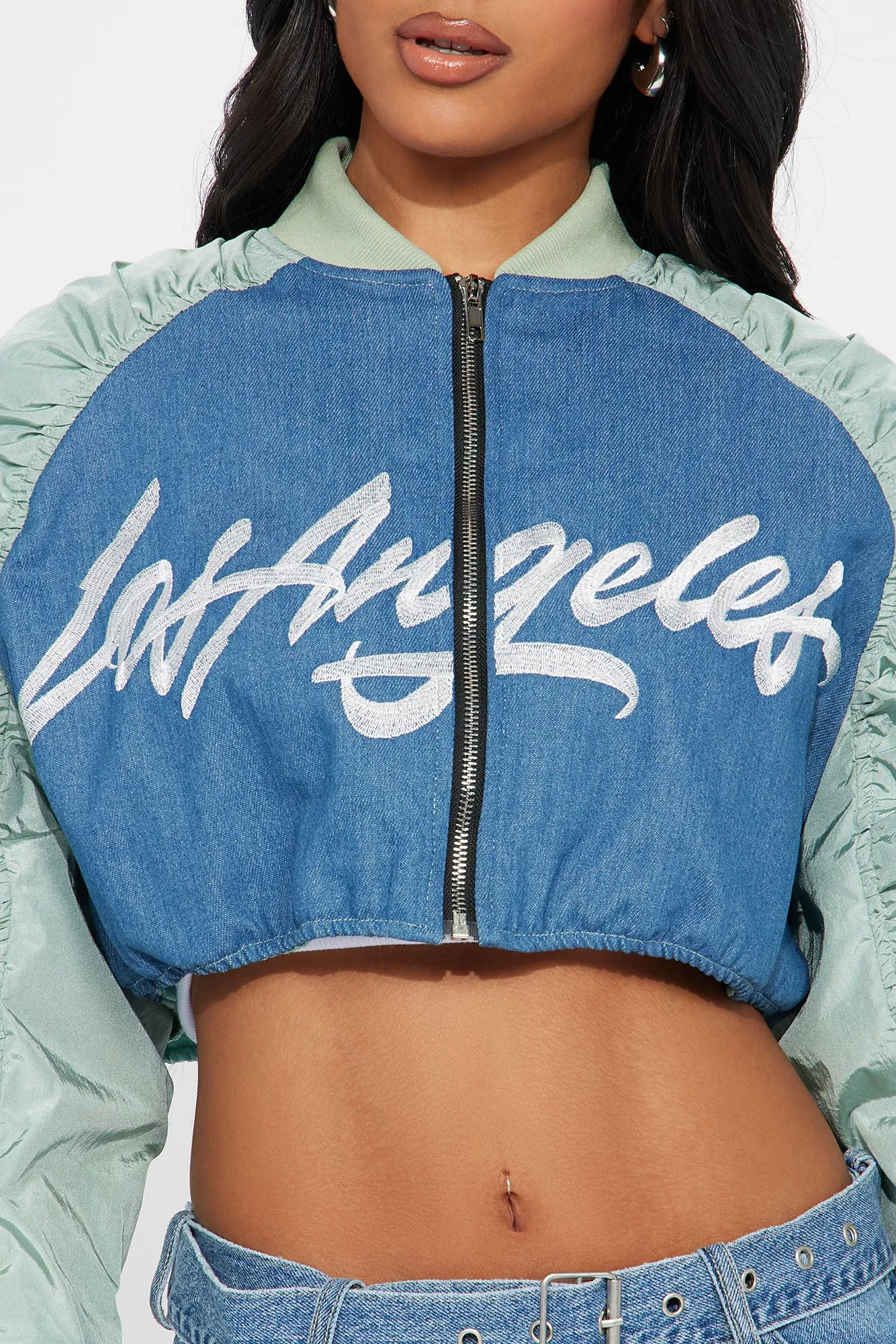 Dreamy Blue Combo Cropped Bomber Jacket - LA Inspired