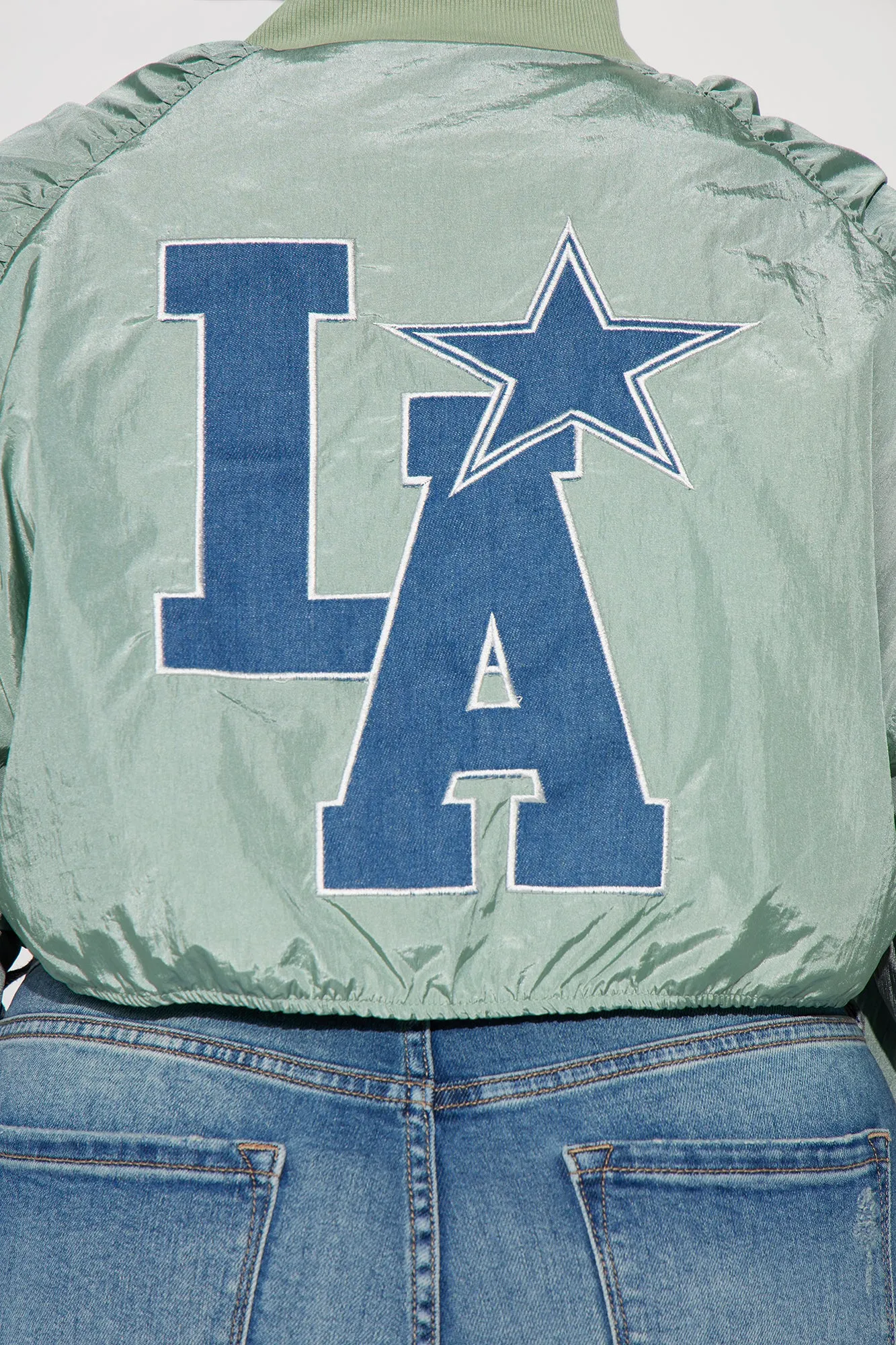 Dreamy Blue Combo Cropped Bomber Jacket - LA Inspired