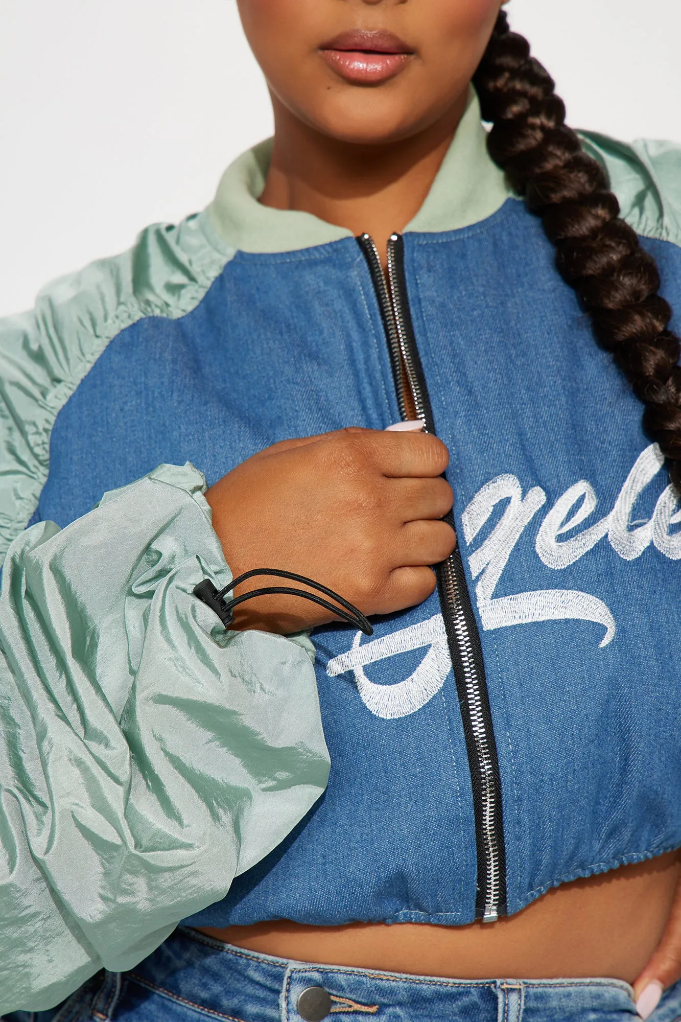 Dreamy Blue Combo Cropped Bomber Jacket - LA Inspired