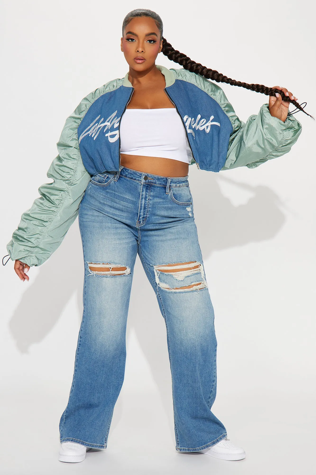 Dreamy Blue Combo Cropped Bomber Jacket - LA Inspired