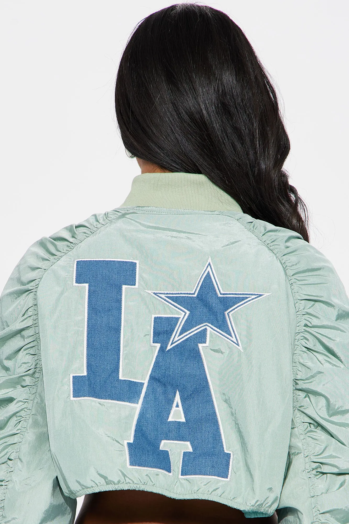 Dreamy Blue Combo Cropped Bomber Jacket - LA Inspired