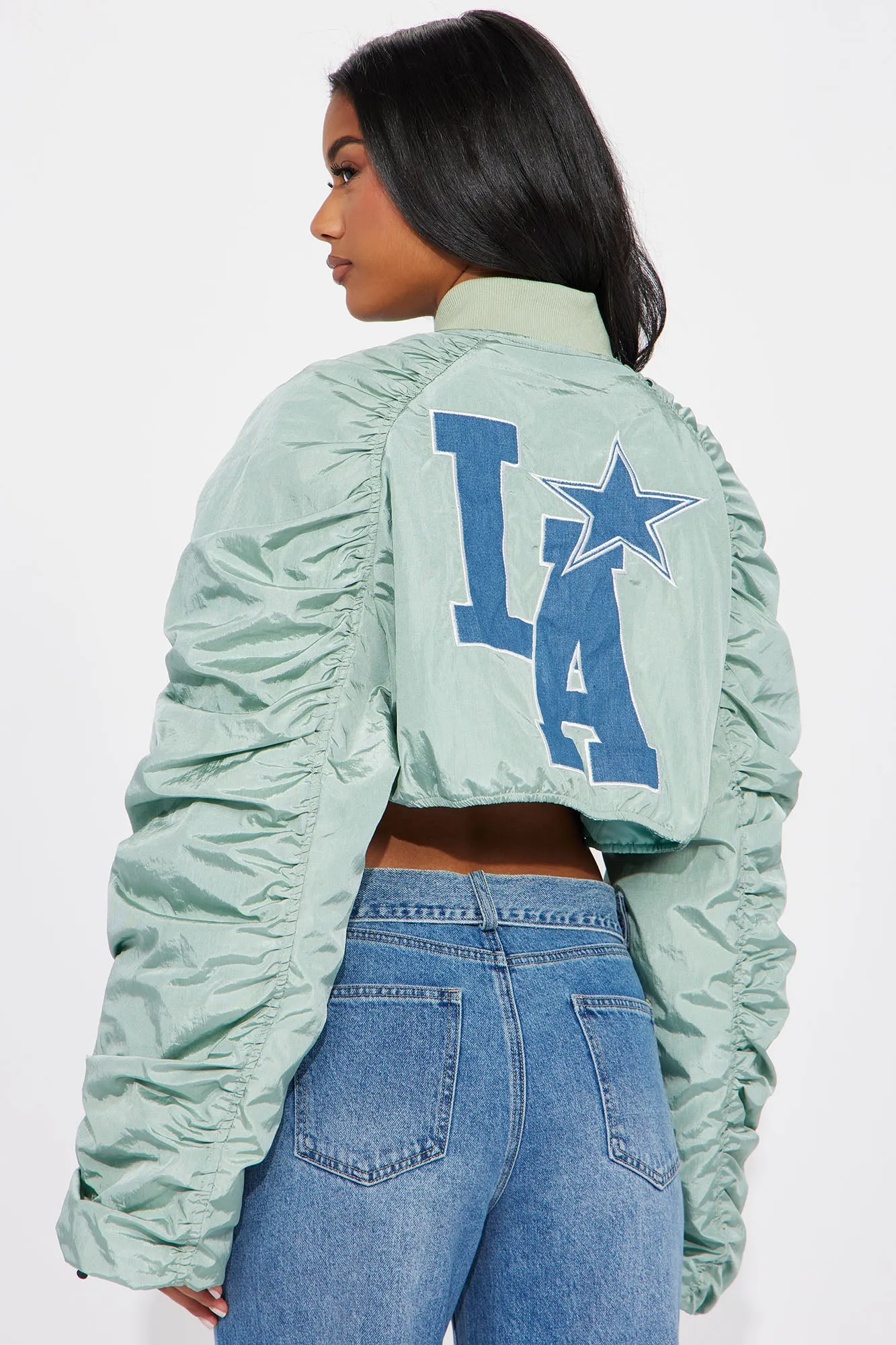 Dreamy Blue Combo Cropped Bomber Jacket - LA Inspired