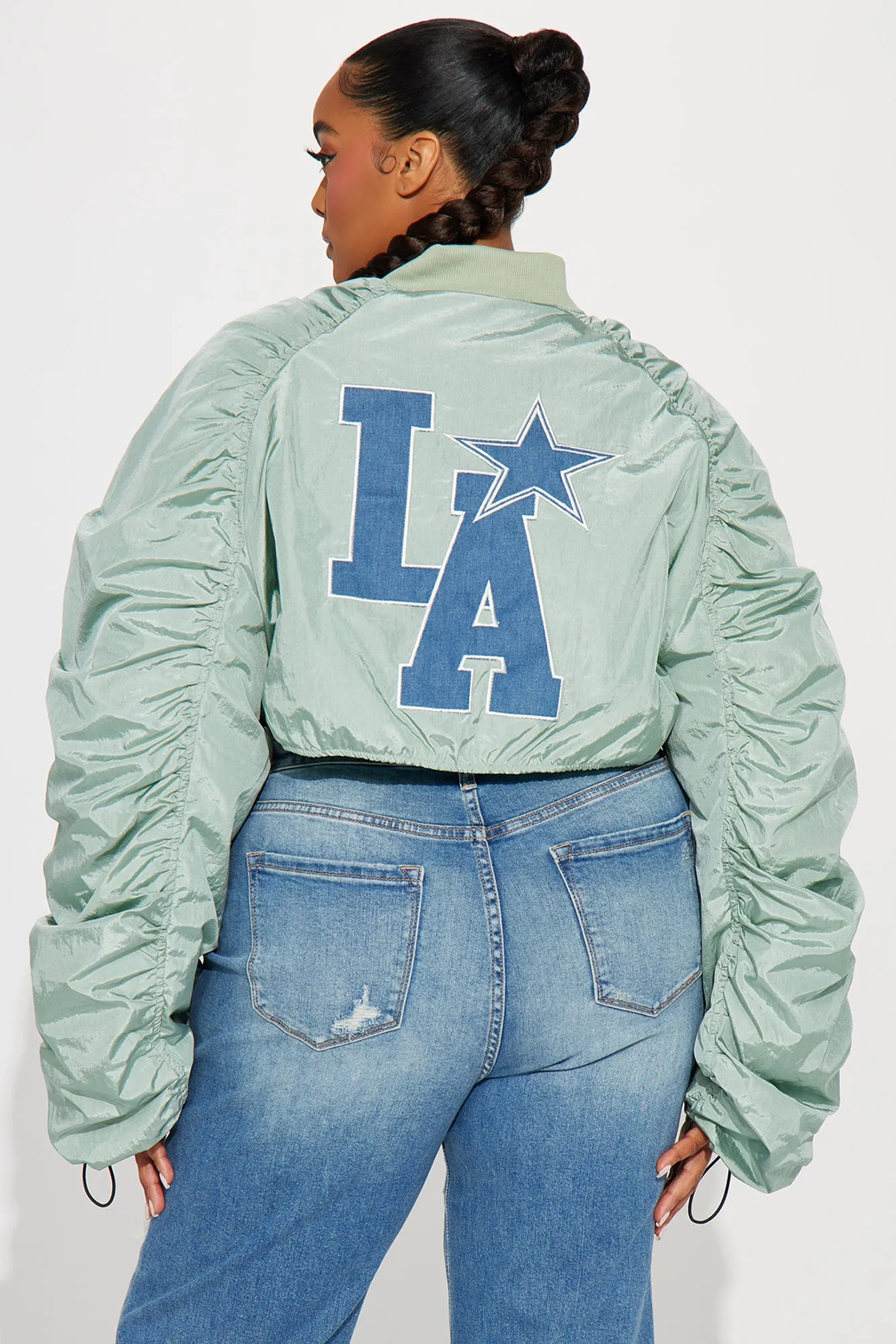 Dreamy Blue Combo Cropped Bomber Jacket - LA Inspired