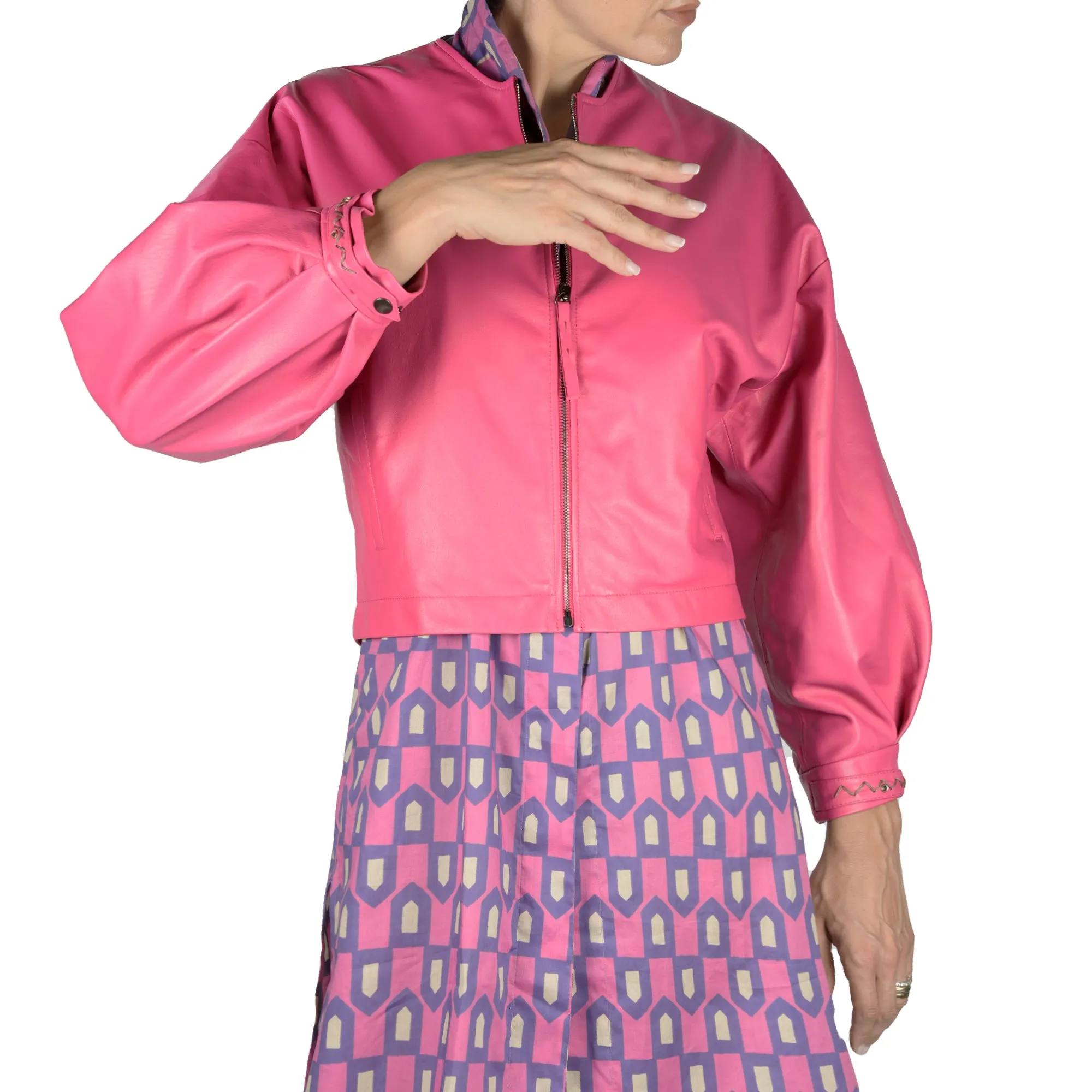 Leather Bomber Jacket Fuchsia