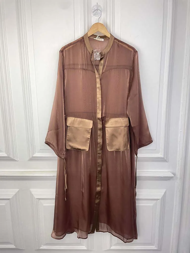 Malissa J Bronze Satin Sheer Pocket Shirt Dress