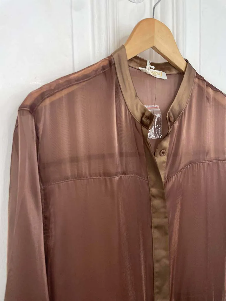 Malissa J Bronze Satin Sheer Pocket Shirt Dress