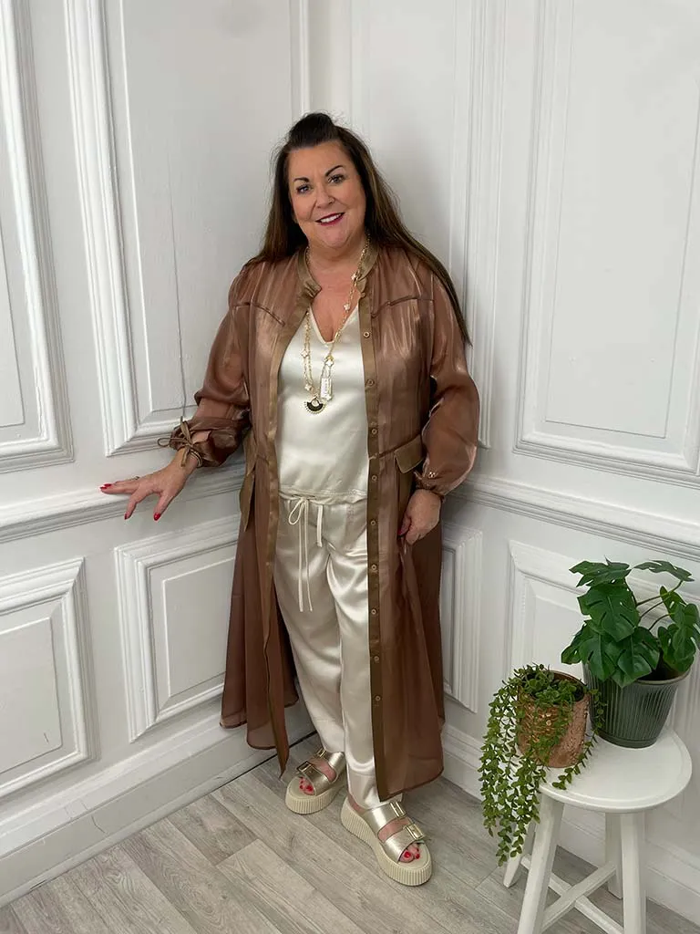 Malissa J Bronze Satin Sheer Pocket Shirt Dress