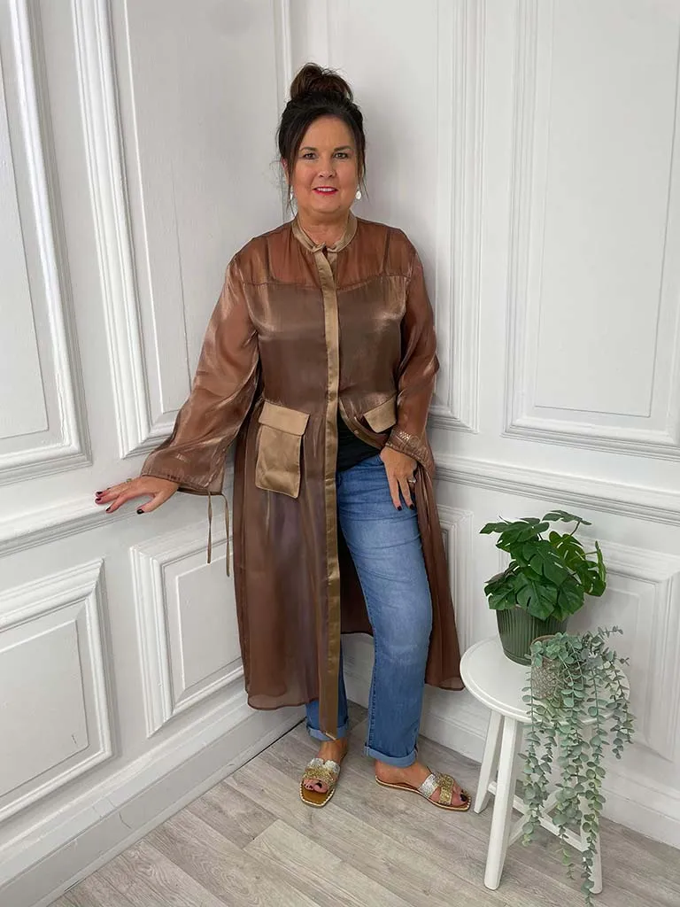 Malissa J Bronze Satin Sheer Pocket Shirt Dress