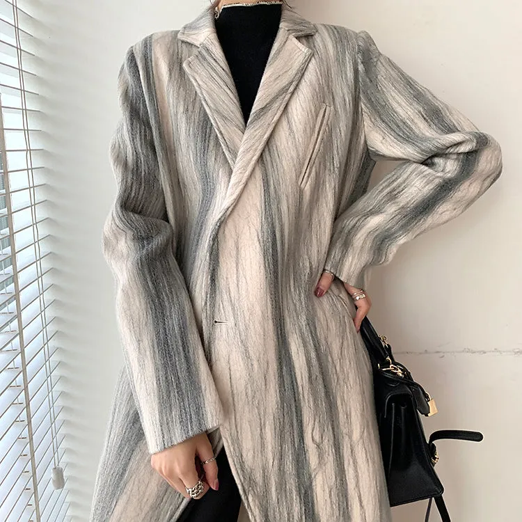 Marble stripe Double Breasted Long Wool Coat