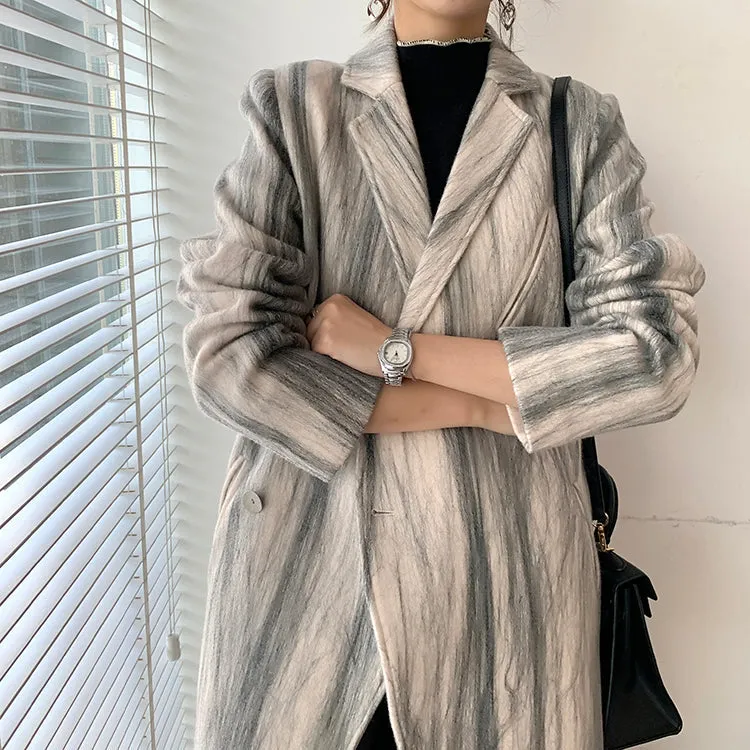 Marble stripe Double Breasted Long Wool Coat