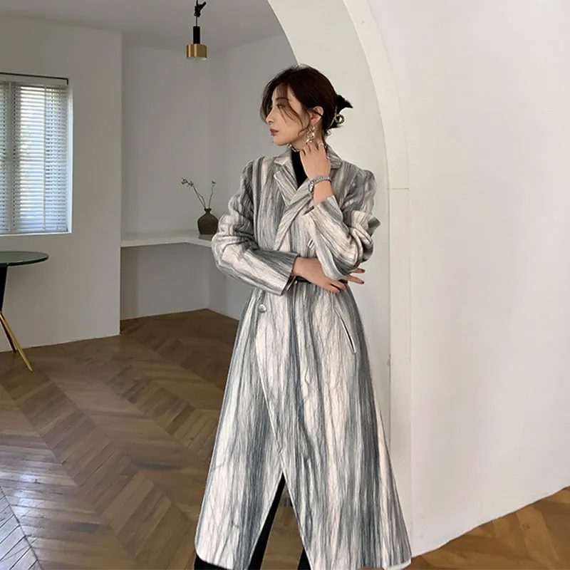 Marble stripe Double Breasted Long Wool Coat