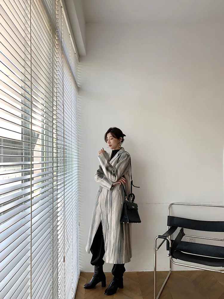 Marble stripe Double Breasted Long Wool Coat