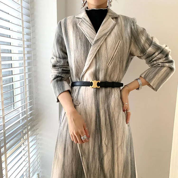 Marble stripe Double Breasted Long Wool Coat