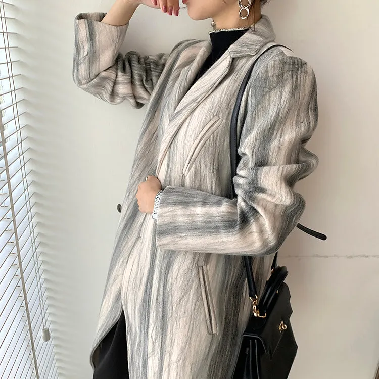 Marble stripe Double Breasted Long Wool Coat