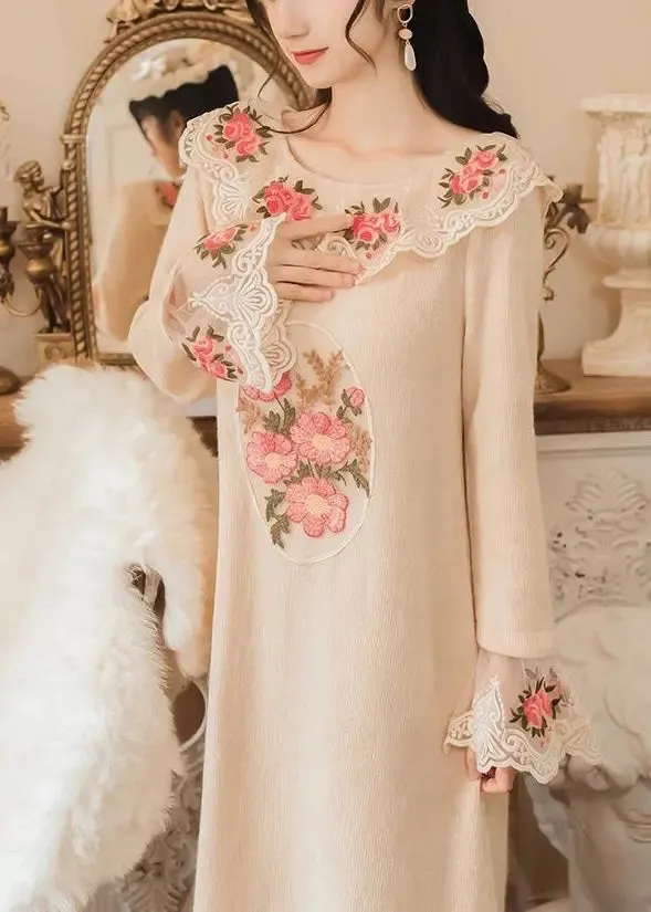 Modern Apricot Embroidered Floral Patchwork Tulle Knit Long Sweater Spring HA1054