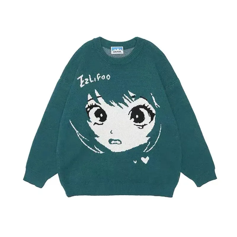 Oversized Long Sleeved Sweater With Cute Face Print