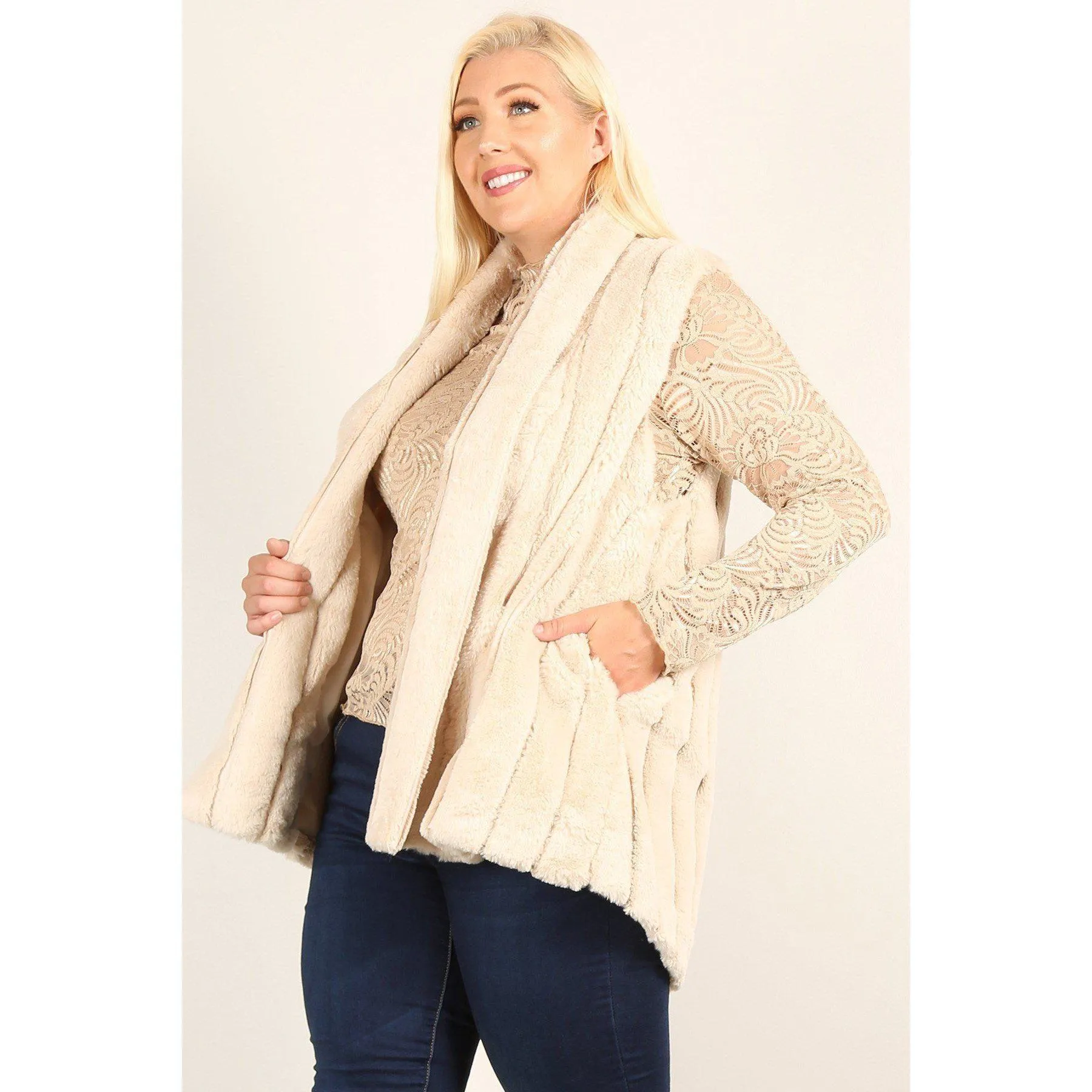 Plus Size Faux Fur Vest Jacket With Open Front, Hi-lo Hem, And Pockets