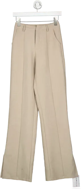 PrettyLittleThing Beige Oatmeal Wide Leg Split Hem Trousers UK 4