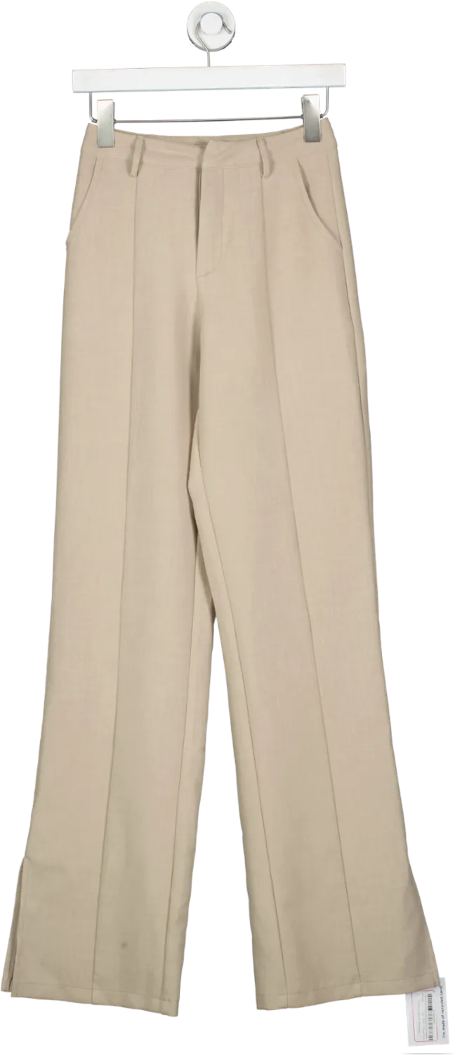 PrettyLittleThing Beige Oatmeal Wide Leg Split Hem Trousers UK 4