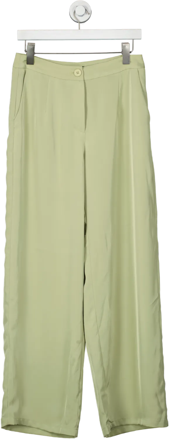 PrettyLittleThing Green Satin Tailored Mid Rise Trousers UK 10