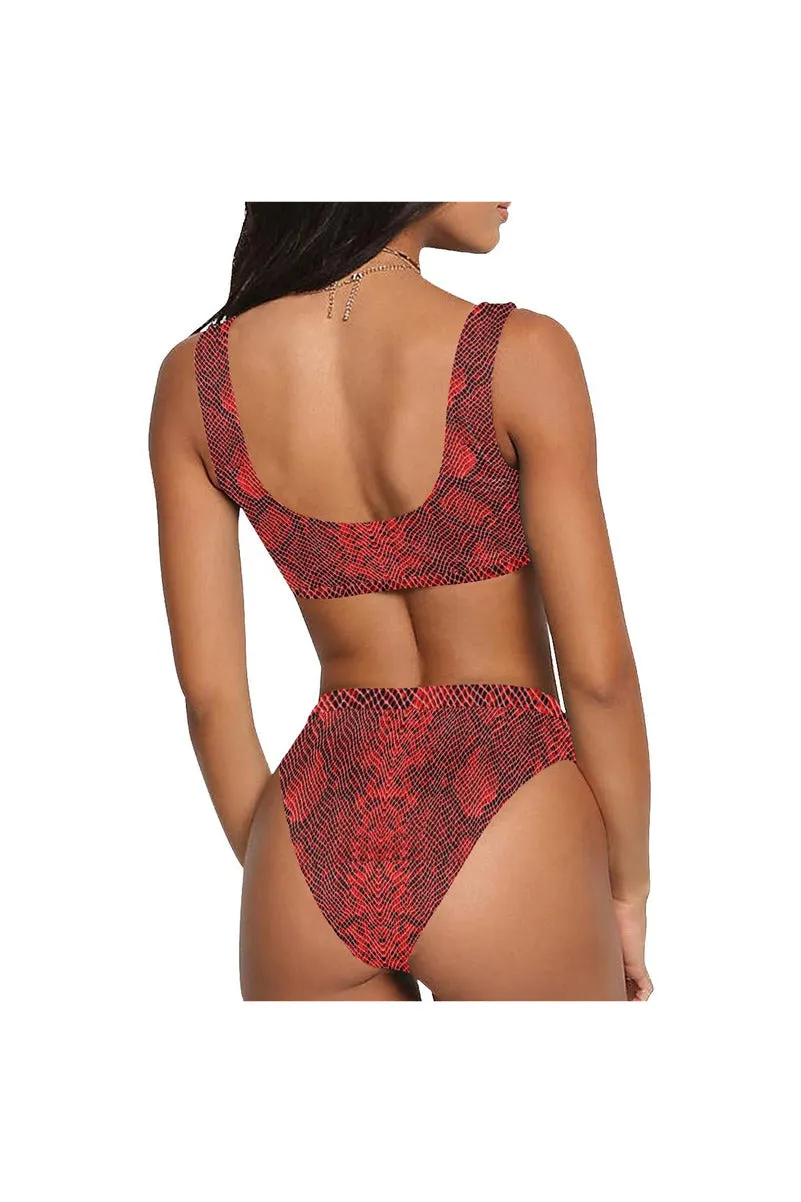 Red Snakeskin Sport Top & High-Waist Bikini Swimsuit