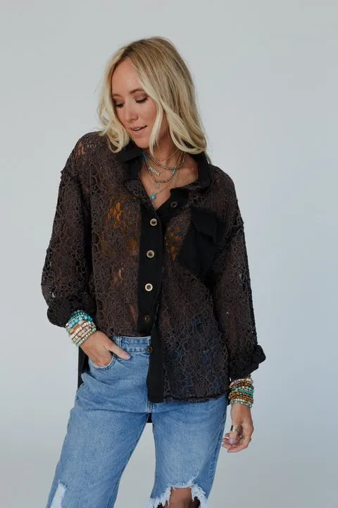 Sheer Romance Button Down Top - Black