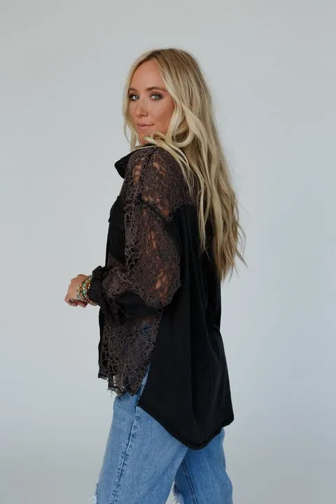 Sheer Romance Button Down Top - Black