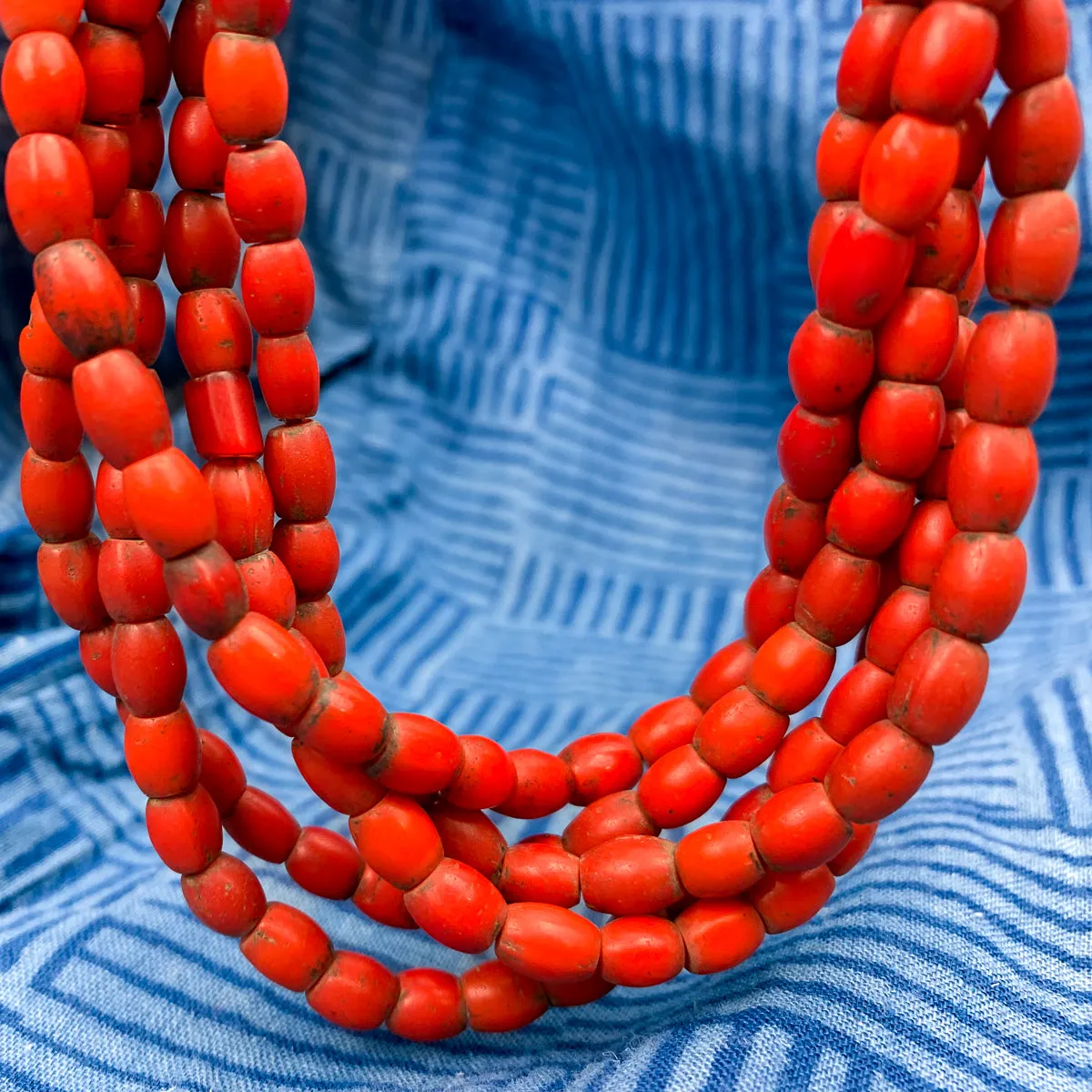 Sherpa Coral Antique Red Glass Multistrand 5 Strand Tamba / Necklace