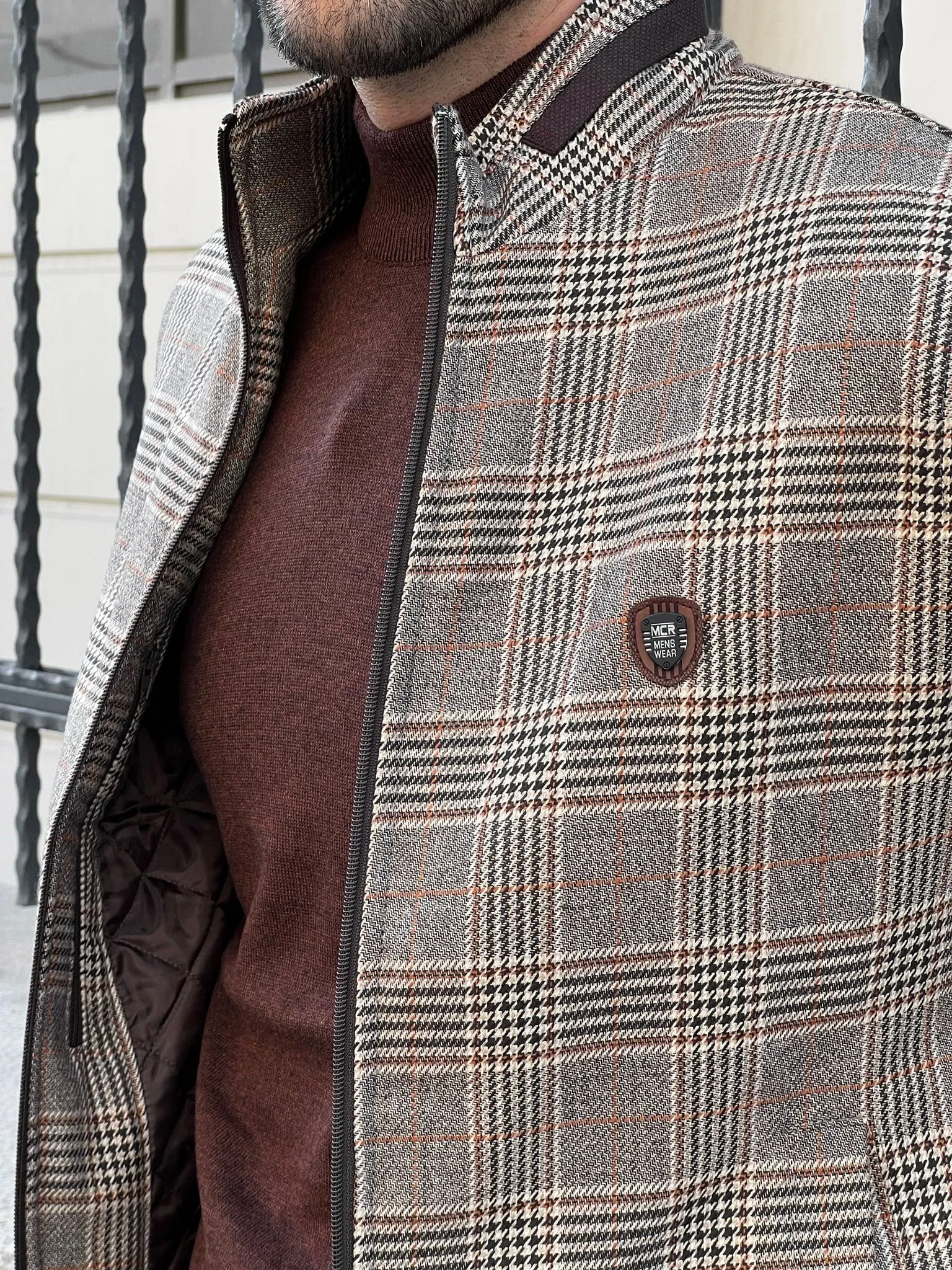 Side Pocket Plaid Wool Beige Coat