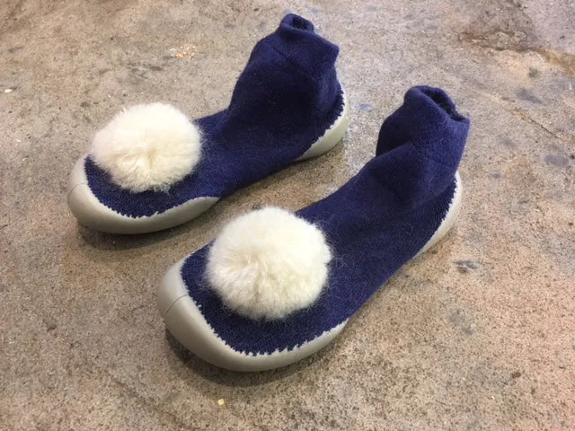 Slipper Socks Cashmere Blue With White Pom Pom