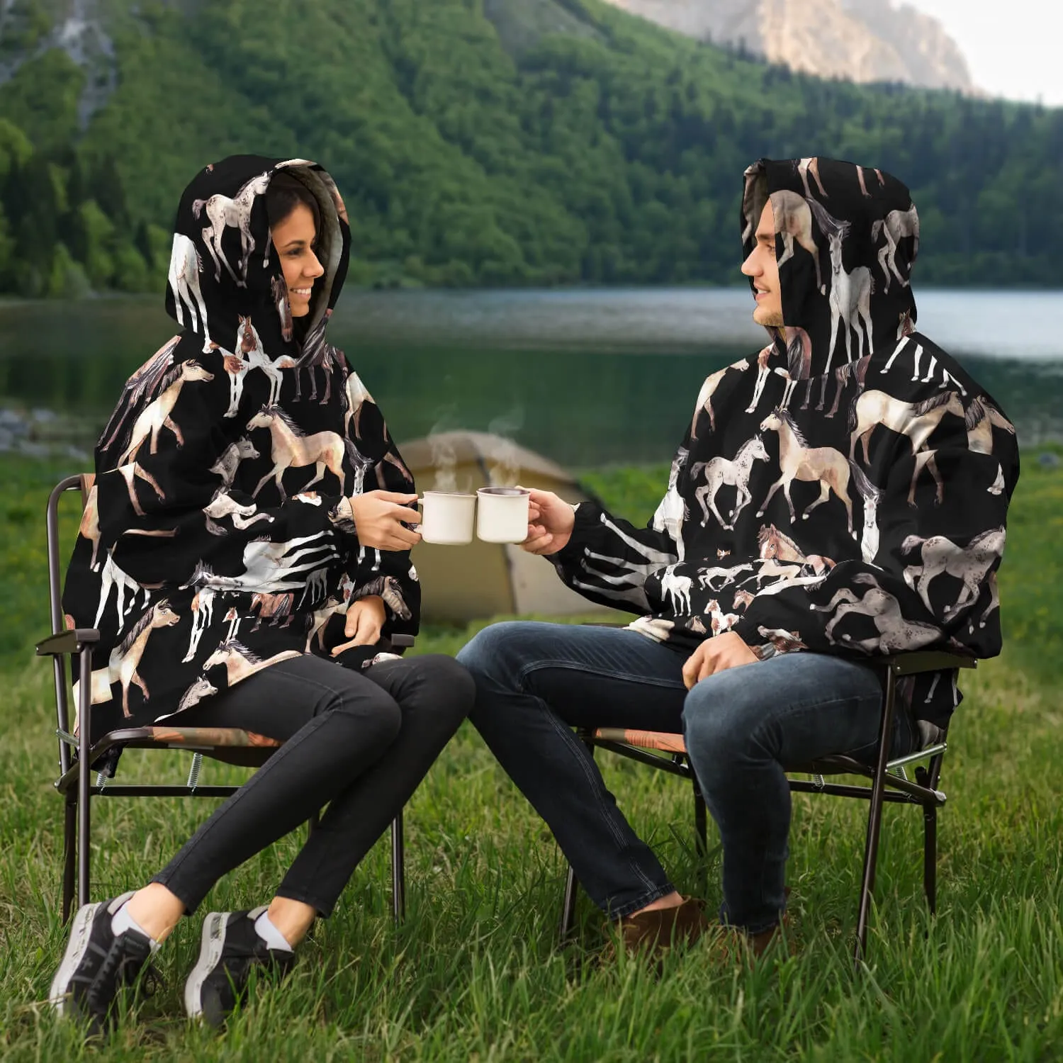 Snuggly™ Oversized Blanket Hoodie - Horses Dark Themed