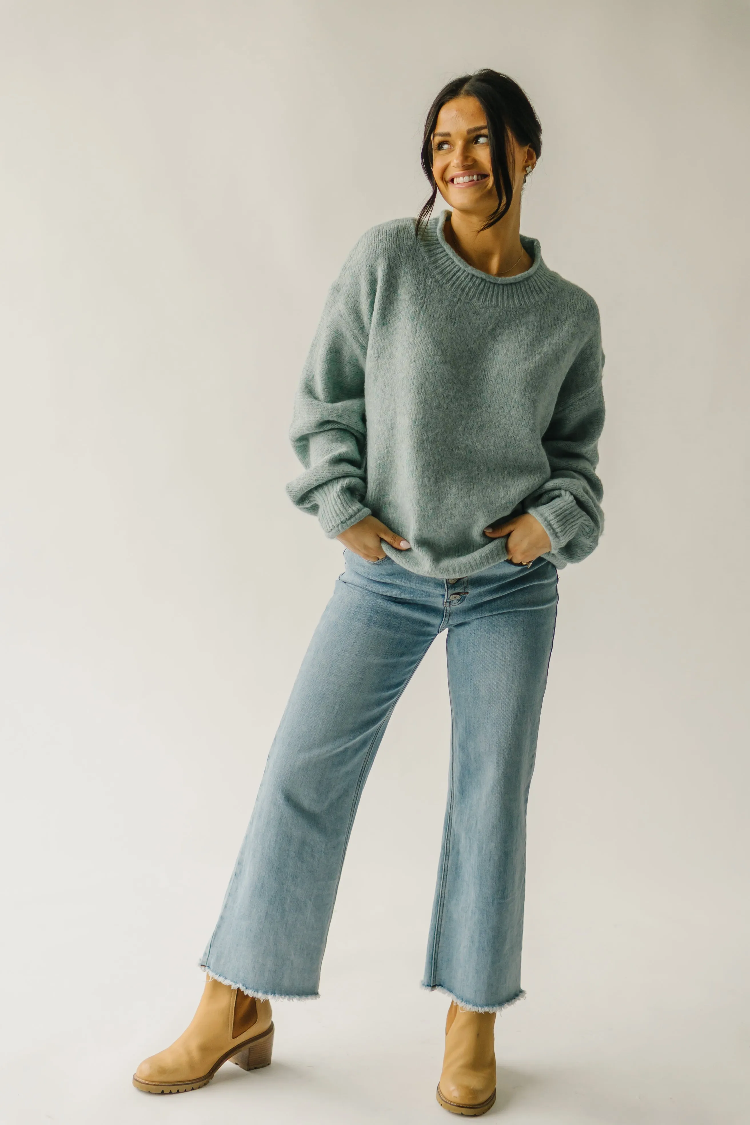 The Massey Rolled Hem Sweater in Jade