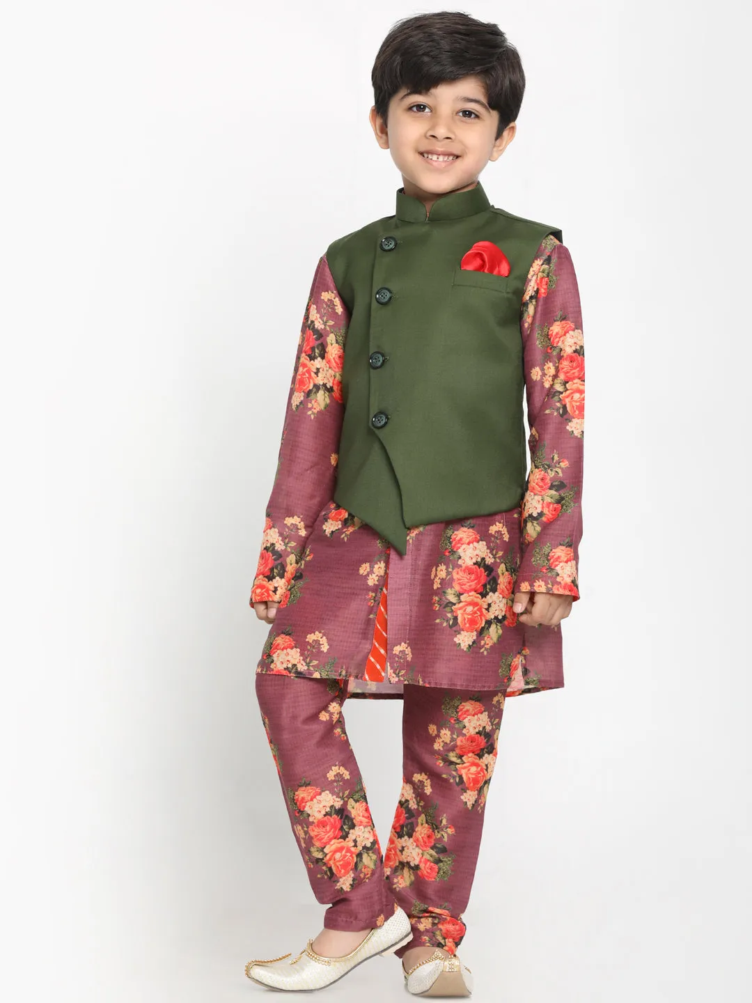 Vastramay Boy's Green Twill Jacket, Printed Kurta and Pyjama Set